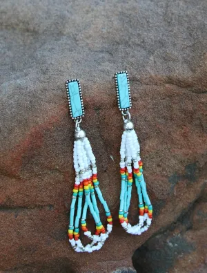 0069TURQ REC. POST W/ LOOP SEEDBEAD DROP