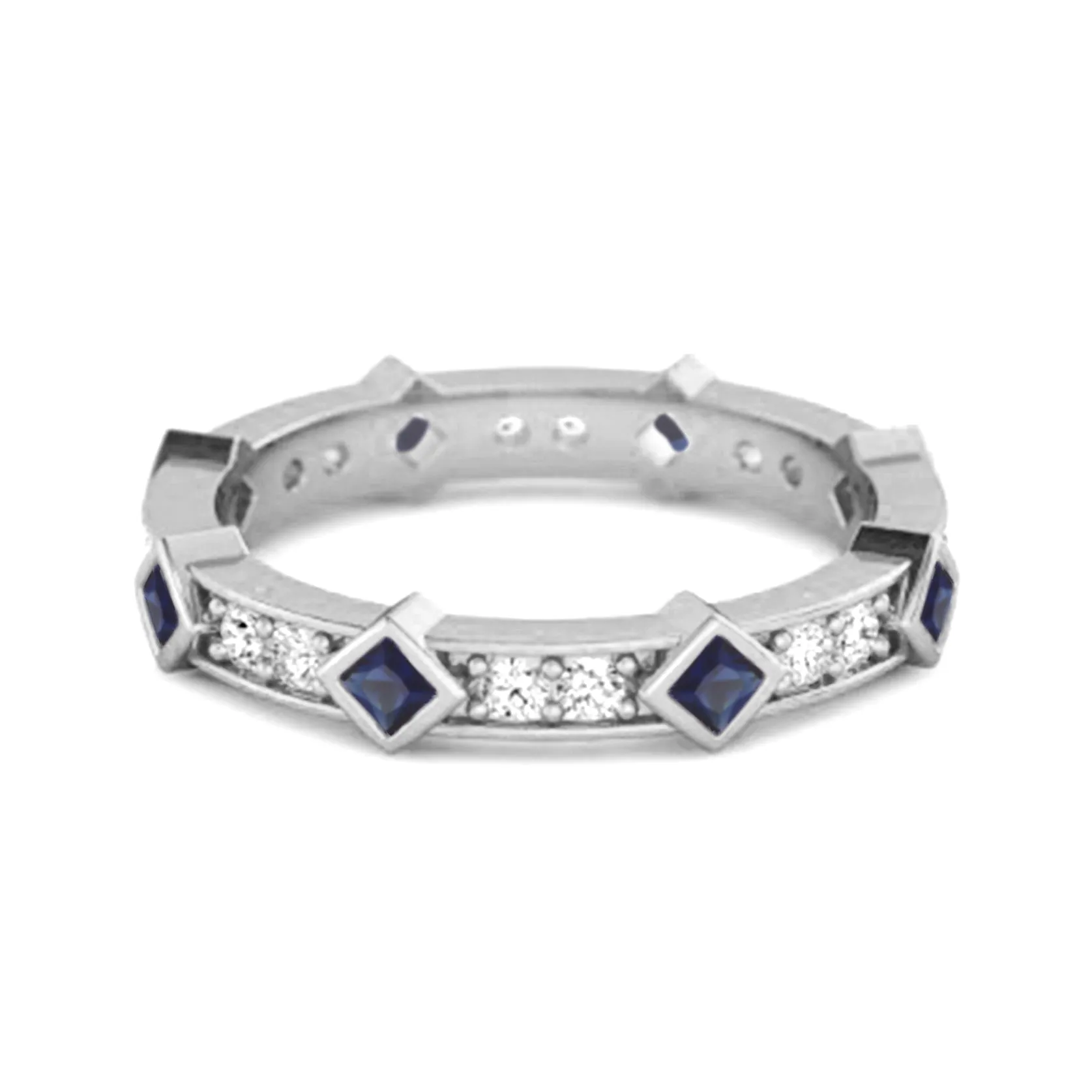 0.80 Ct Blue Sapphire Princess Round 925 Sterling Silver Art Deo Ring