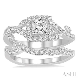 1 Ctw Diamond Bridal Set with 3/4 Ctw Princess Cut Engagement Ring and 1/5 Ctw Wedding Band in 14K White Gold