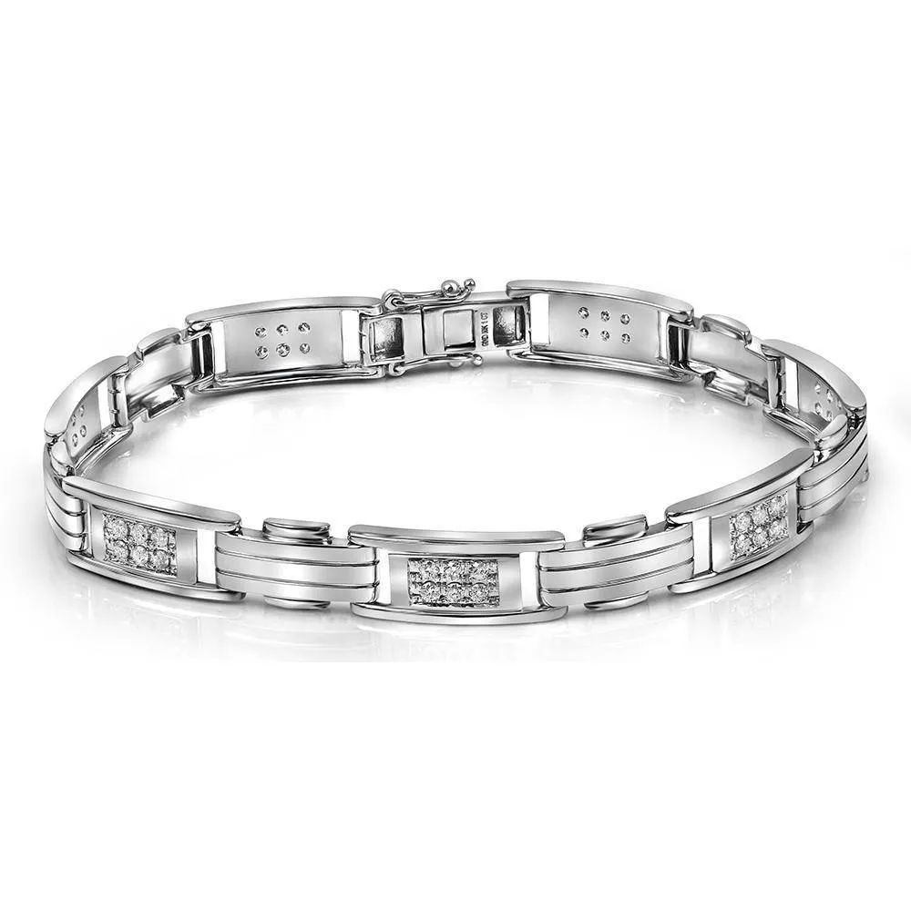 10K White Gold Men's Diamond Rectangle Link Fashion Bracelet 1.00 CTTW