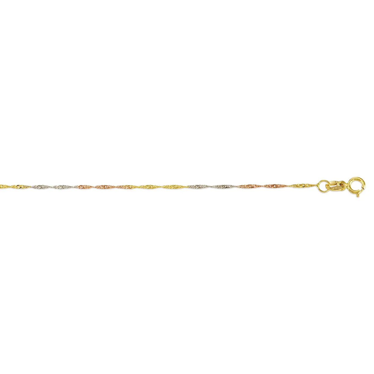 10K Yellow, White and Rose Gold (1.0mm) Singapore Bracelet 7.5"