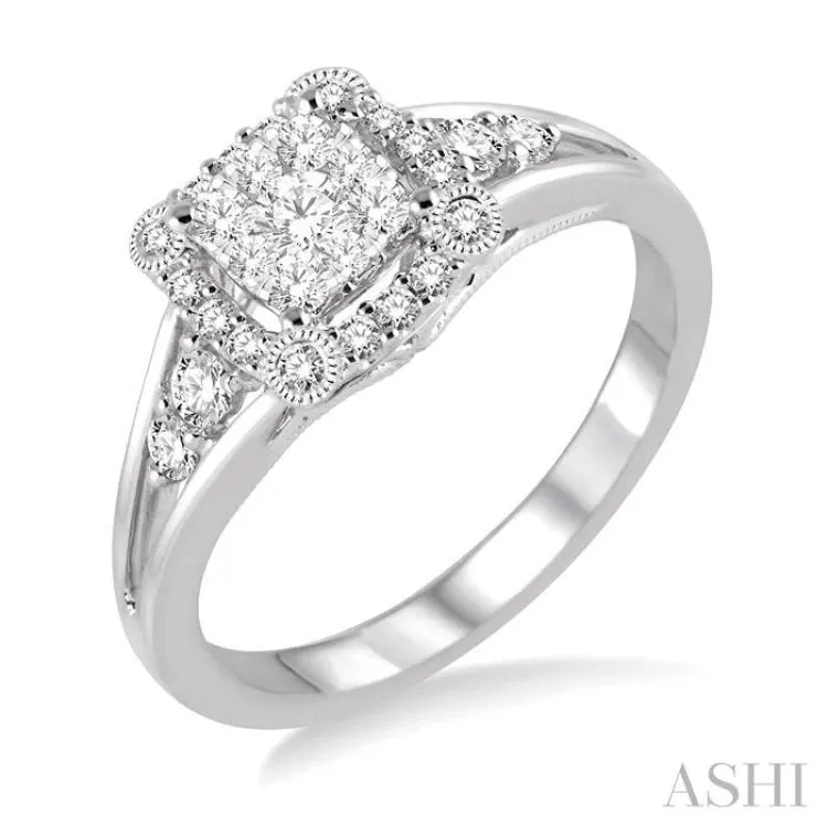1/2 Ctw Square Shape Round Cut Diamond Lovebright Ring in 14K White Gold