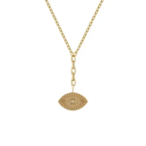 14k Medium Radiant Evil Eye Medallion Lariat Necklace on Mixed Square Oval Chain