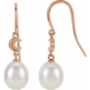 14K Rose Freshwater Cultured Pearl Moon Dangle Earrings