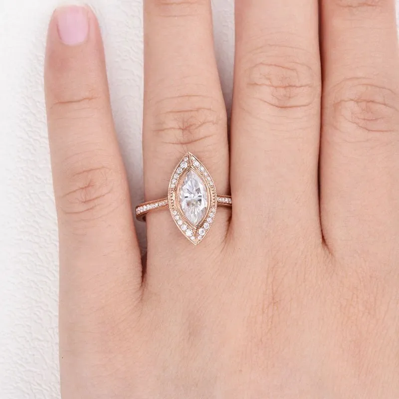 14k Rose Gold Marquise Cut Vintage Diamond Engagement Ring