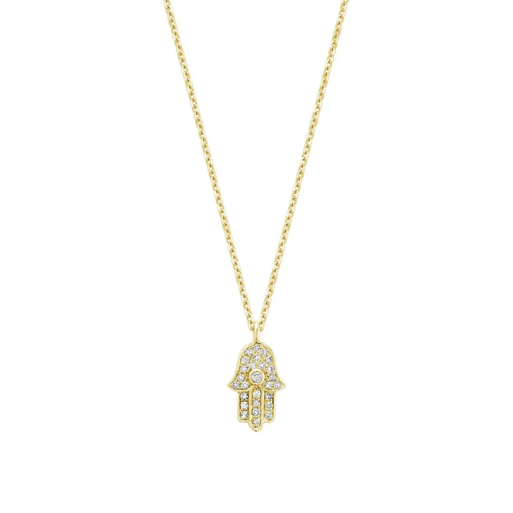 14K Yellow, White or Rose Gold (0.09ct) Diamond Hamsa Necklace