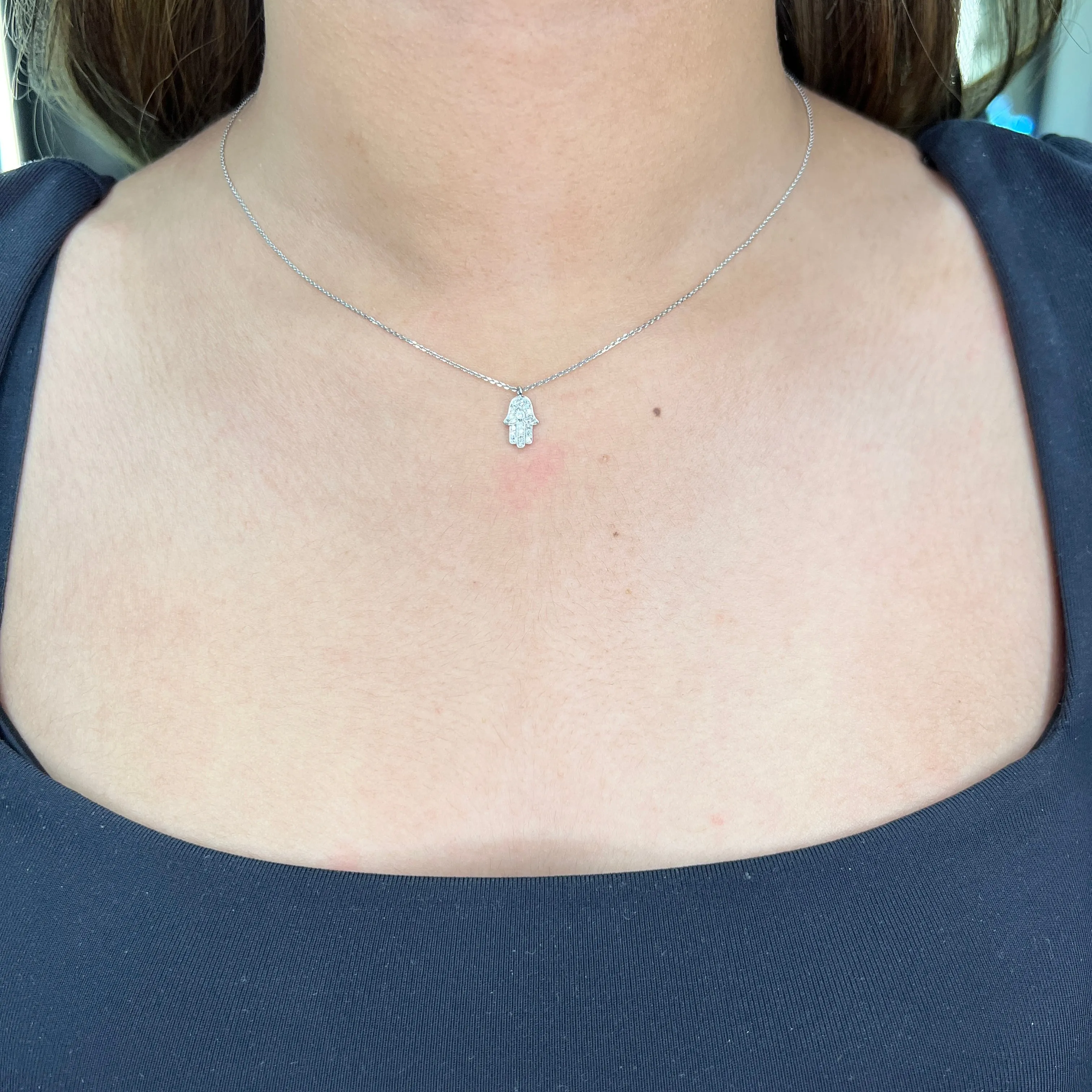 14K Yellow, White or Rose Gold (0.09ct) Diamond Hamsa Necklace