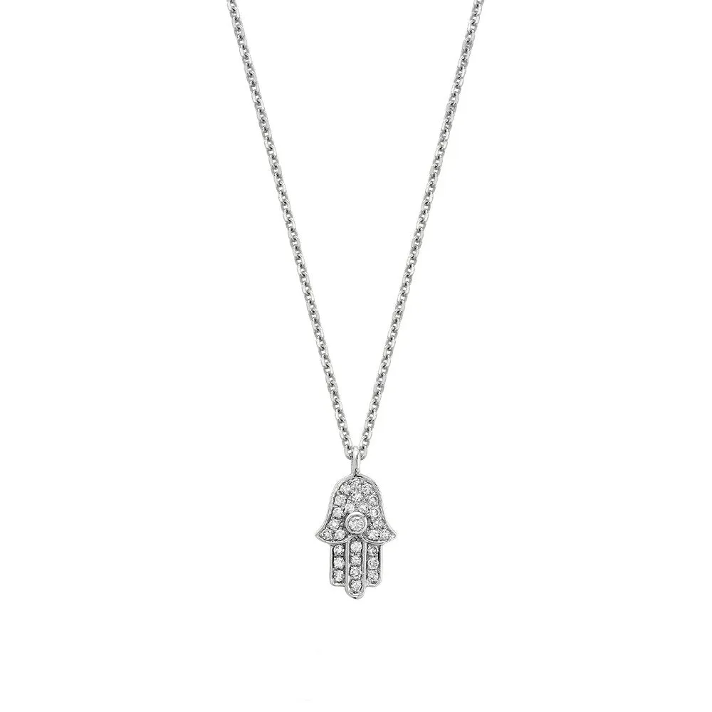 14K Yellow, White or Rose Gold (0.09ct) Diamond Hamsa Necklace