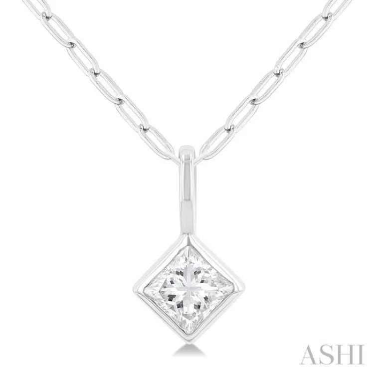 1/5 ctw Princess Cut Bezel Set Diamond Fashion Pendant with Paperclip Chain in 14K White Gold