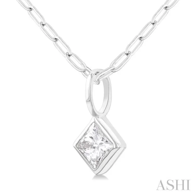 1/5 ctw Princess Cut Bezel Set Diamond Fashion Pendant with Paperclip Chain in 14K White Gold