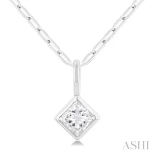 1/5 ctw Princess Cut Bezel Set Diamond Fashion Pendant with Paperclip Chain in 14K White Gold