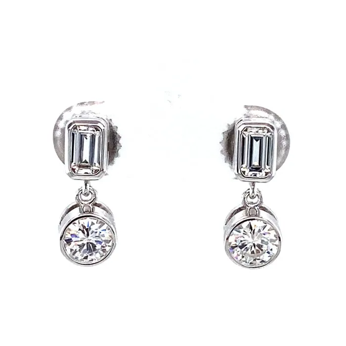 1.54 CTW DEW Baguette and Round Moissanite Bezel Drop Earrings in 14K White Gold