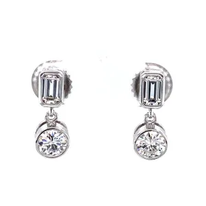 1.54 CTW DEW Baguette and Round Moissanite Bezel Drop Earrings in 14K White Gold
