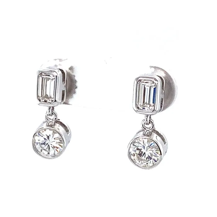1.54 CTW DEW Baguette and Round Moissanite Bezel Drop Earrings in 14K White Gold