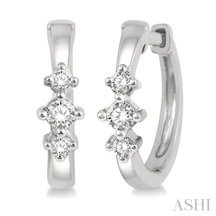 1/6 ctw Three Stone Round Cut Diamond Huggie Petite Earrings in 10K White Gold
