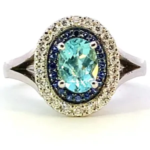 18ct white gold Paraiba Tourmaline Ring, double halo set.
