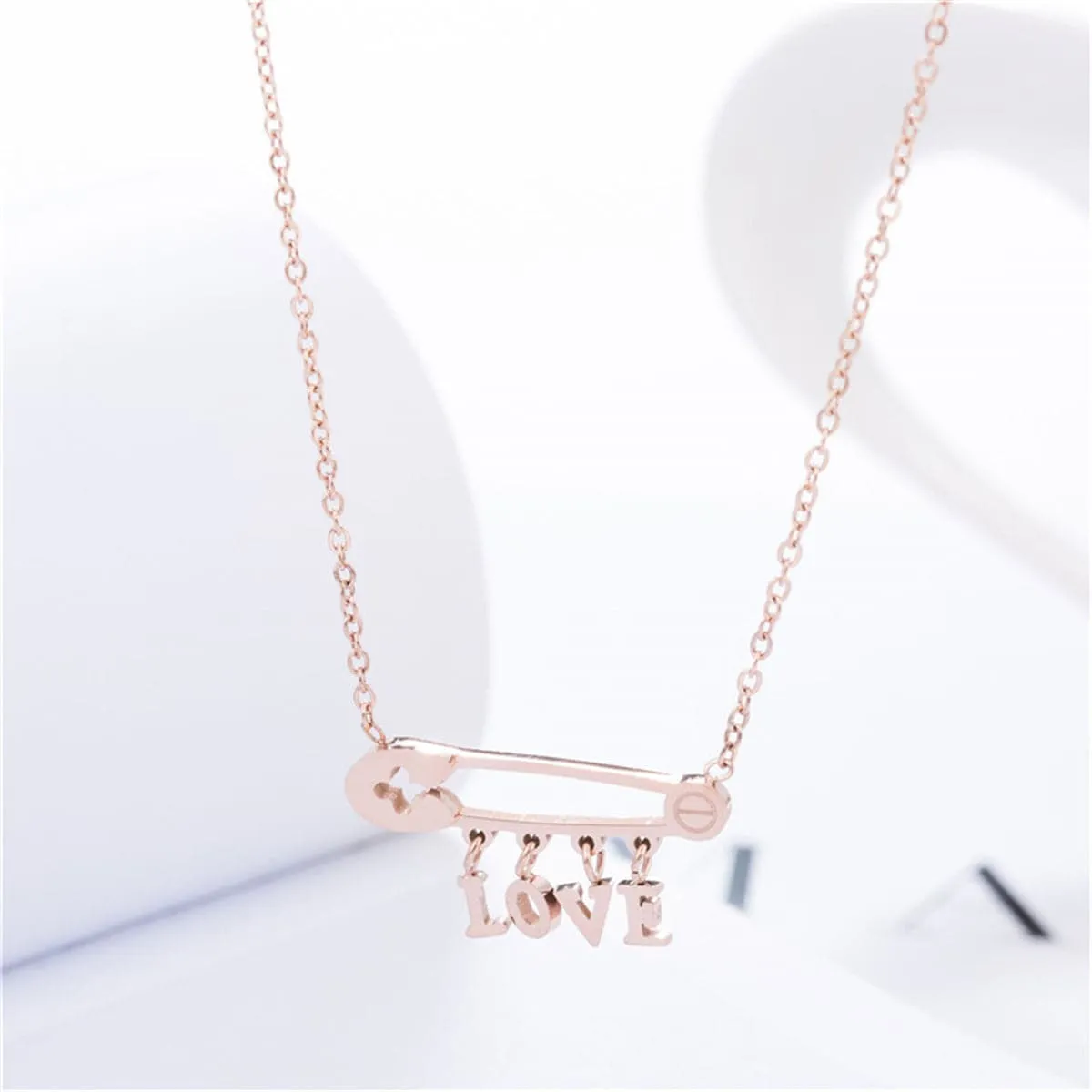 18K Rose Gold-Plated 'Love' Safety Pin Pendant Necklace