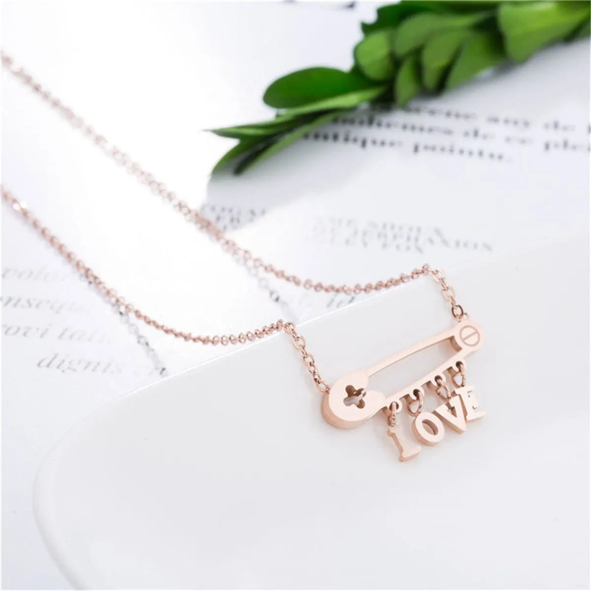 18K Rose Gold-Plated 'Love' Safety Pin Pendant Necklace