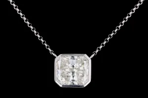 18K White Gold 2.02 Carat Radiant Diamond Bezel Pendant Necklace