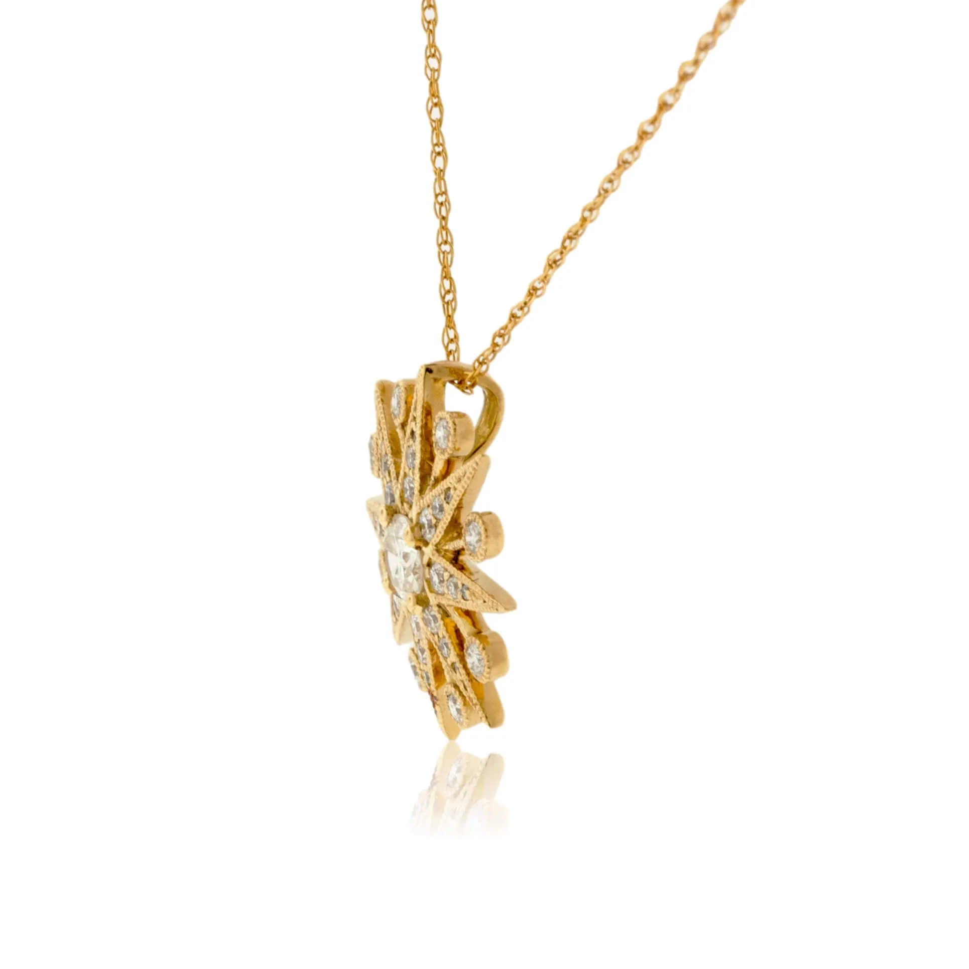 18K Yellow Gold .48 Carat Diamond Snowflake Pendant with Chain