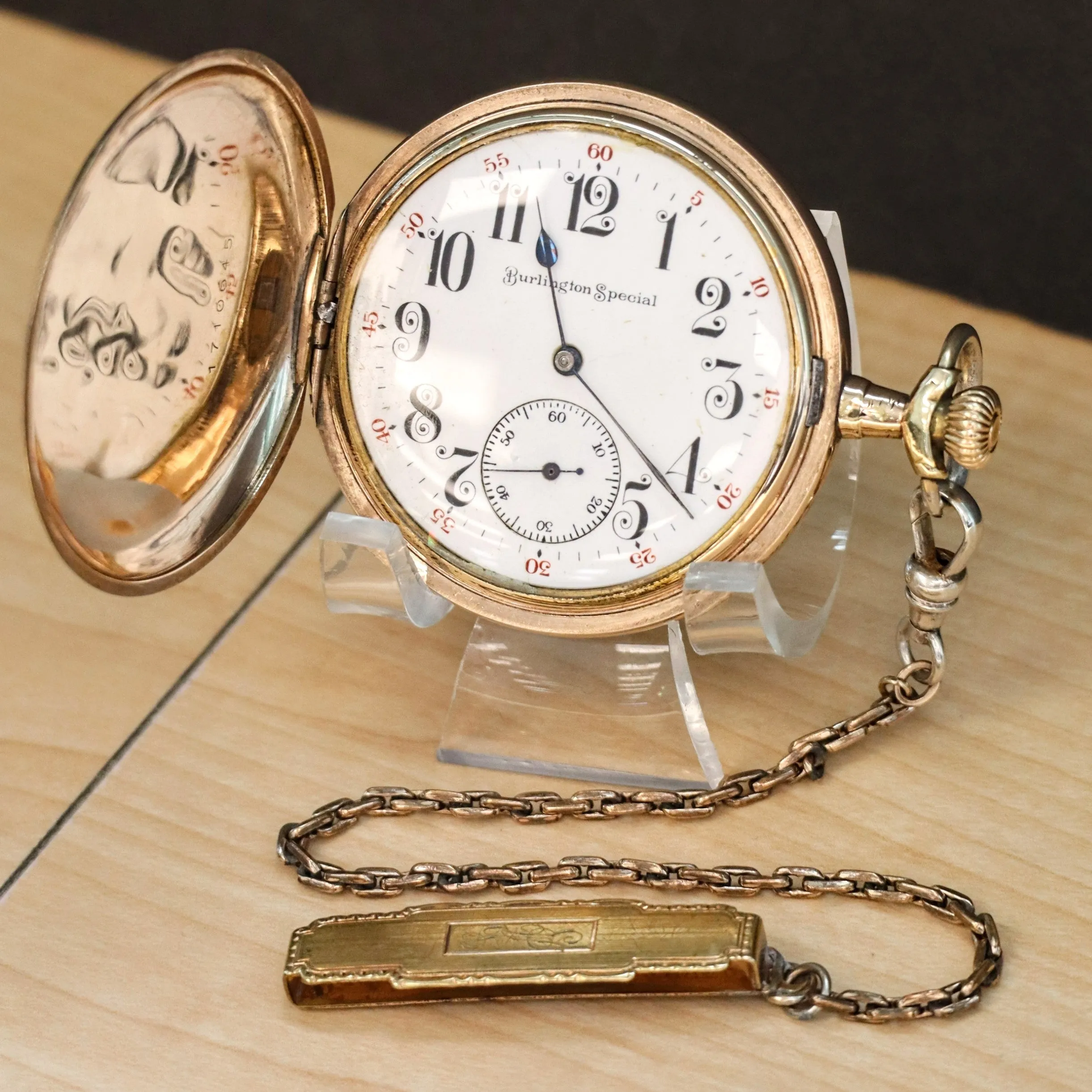 1912 BURLINGTON SPECIAL Pocket Watch 19J ADJs Grade 274 U.S.A. Hunter G.F. Case w/ Chain