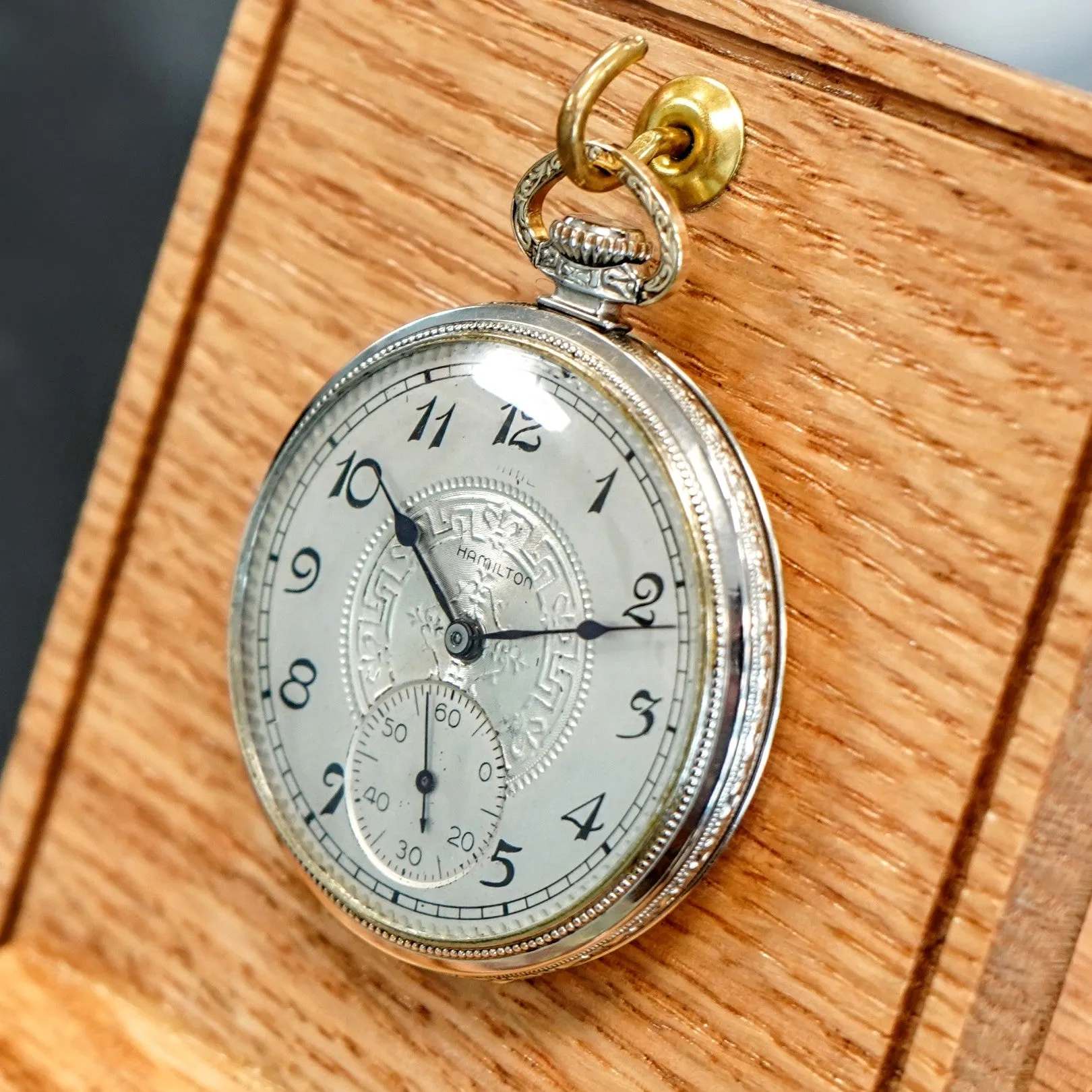 1926 HAMILTON Dress Pocket Watch 12s Grade 912 17 Jewels Adjusted Engraved Decorative 14K White G.F. - Case serial # 6871431