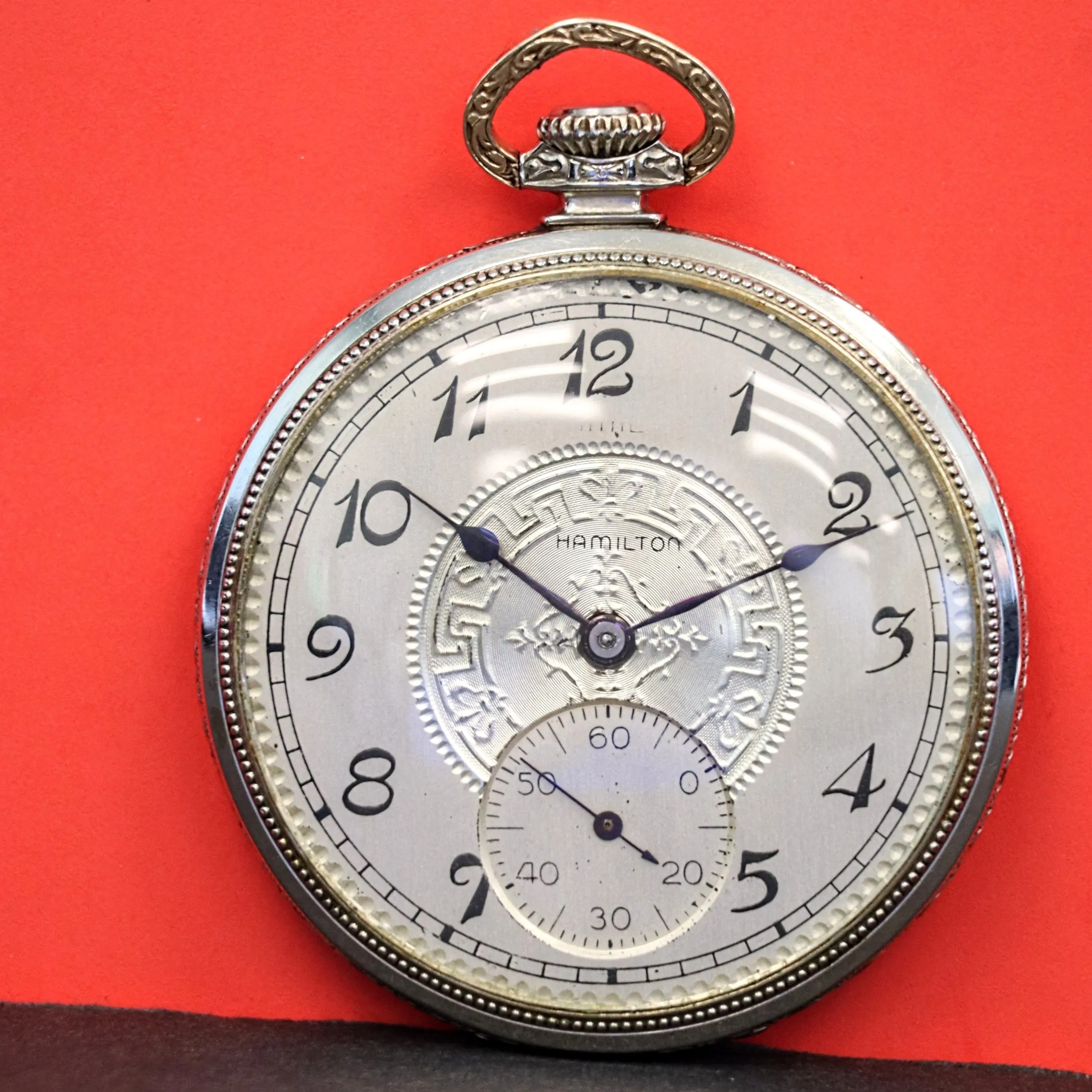 1926 HAMILTON Dress Pocket Watch 12s Grade 912 17 Jewels Adjusted Engraved Decorative 14K White G.F. - Case serial # 6871431