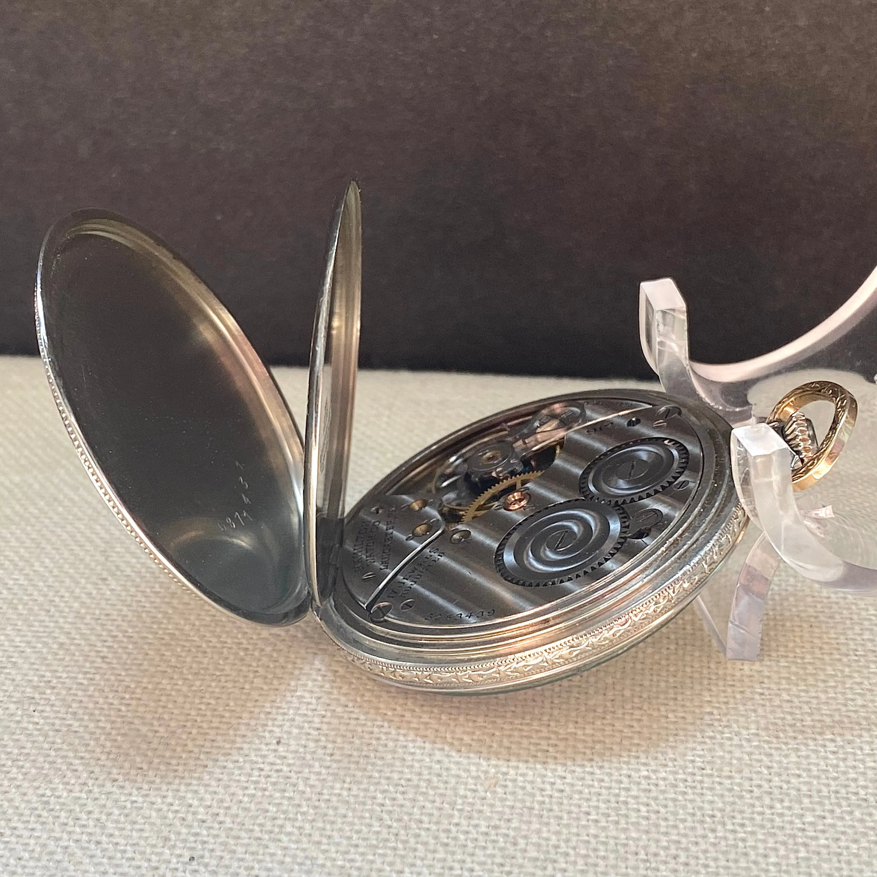 1926 HAMILTON Dress Pocket Watch 12s Grade 912 17 Jewels Adjusted Engraved Decorative 14K White G.F. - Case serial # 6871431