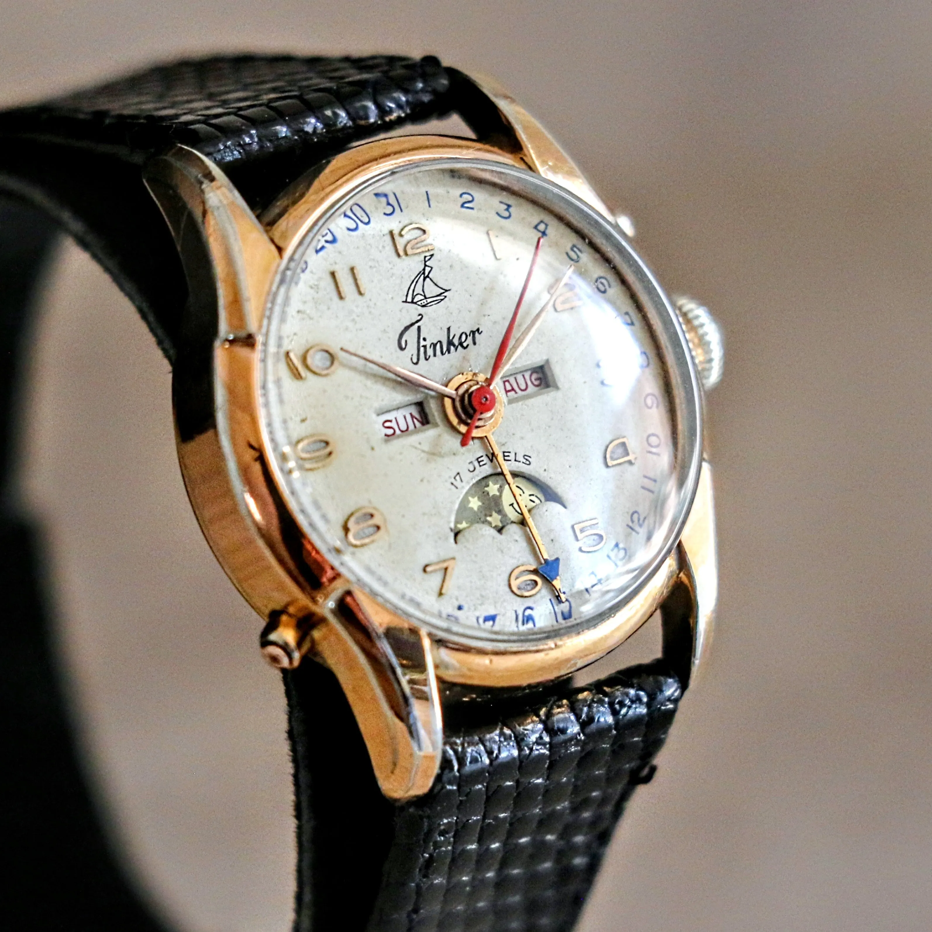 1940s TINKER Triple Calendar Moon Phase Wristwatch Cal. VALJOUX 89 Watch