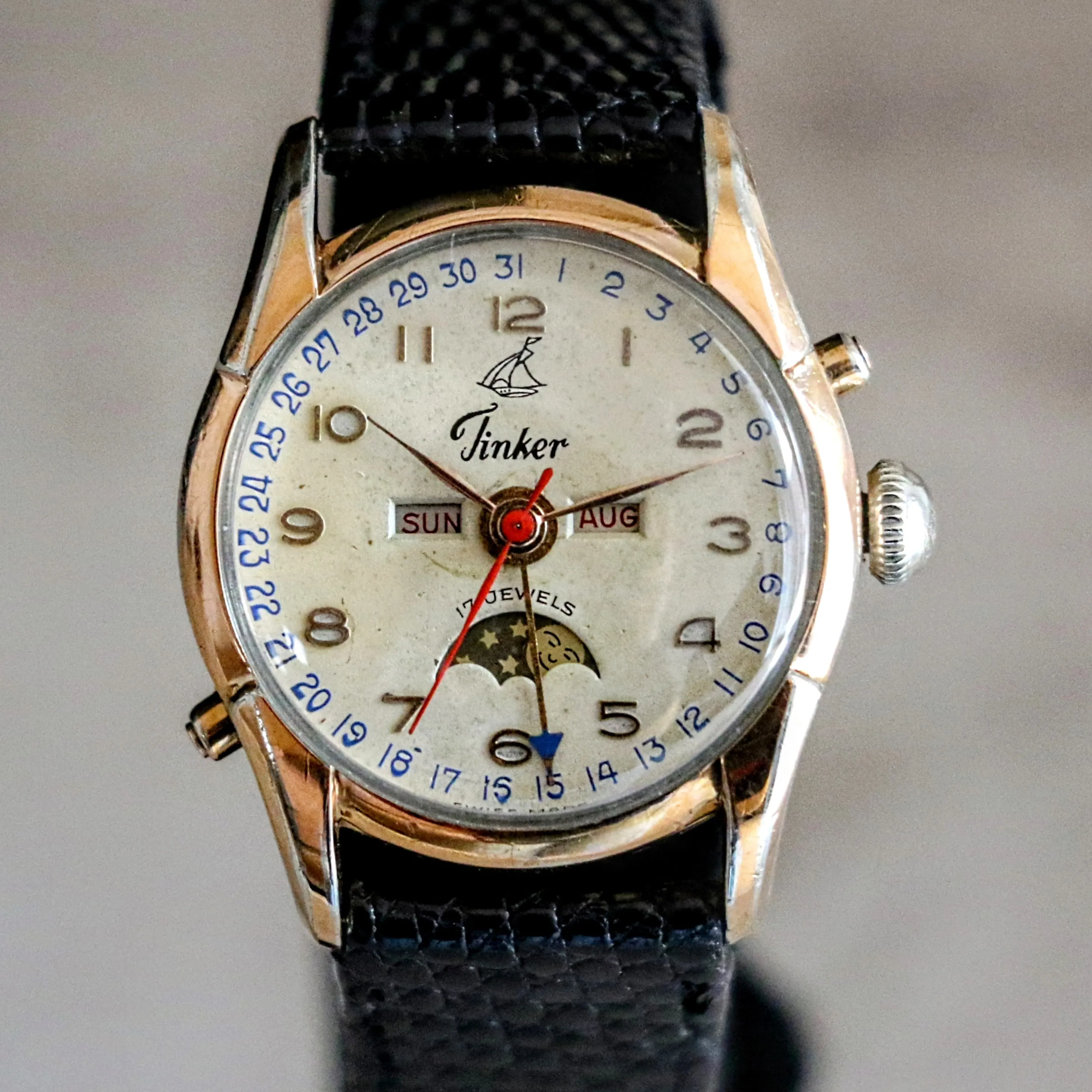 1940s TINKER Triple Calendar Moon Phase Wristwatch Cal. VALJOUX 89 Watch