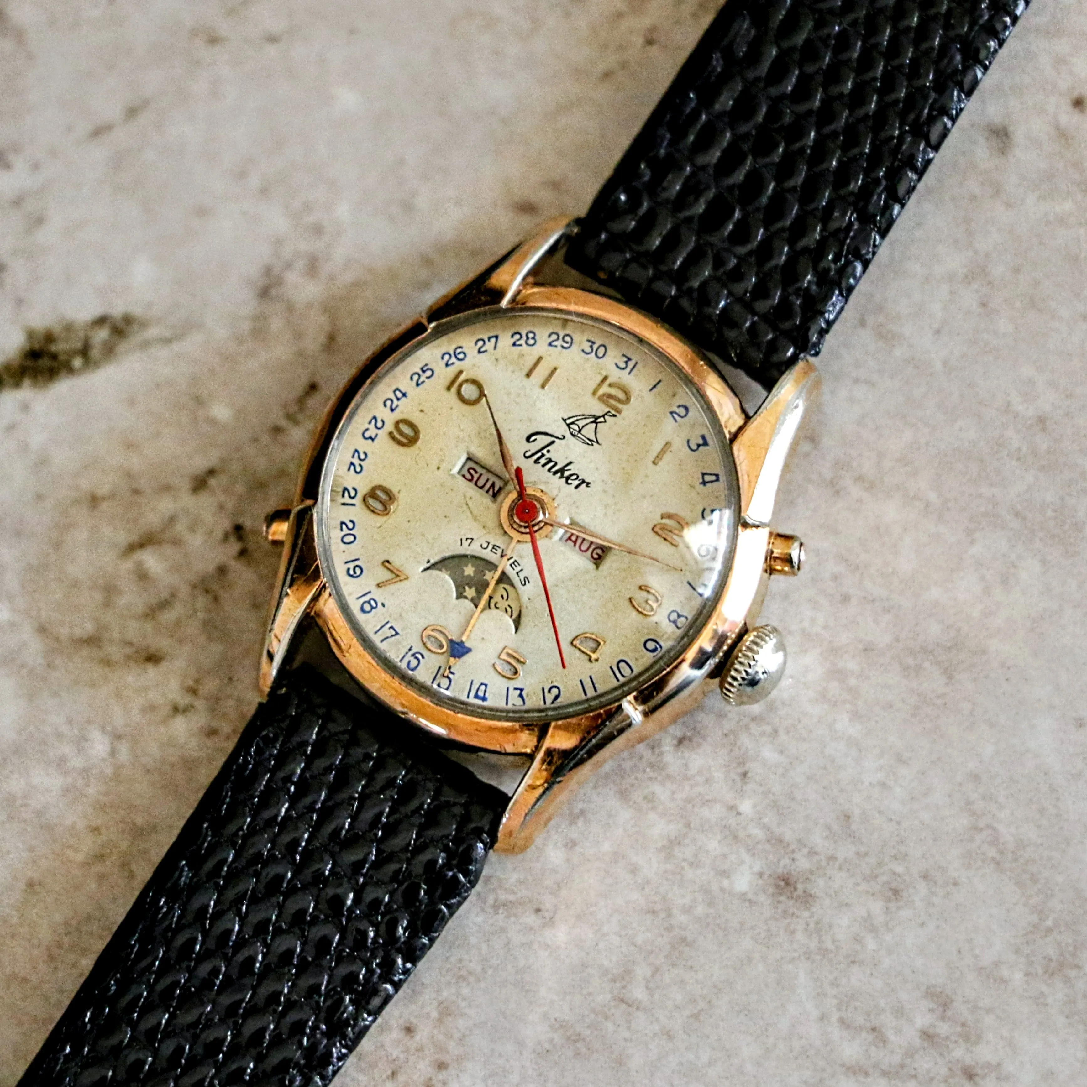 1940s TINKER Triple Calendar Moon Phase Wristwatch Cal. VALJOUX 89 Watch