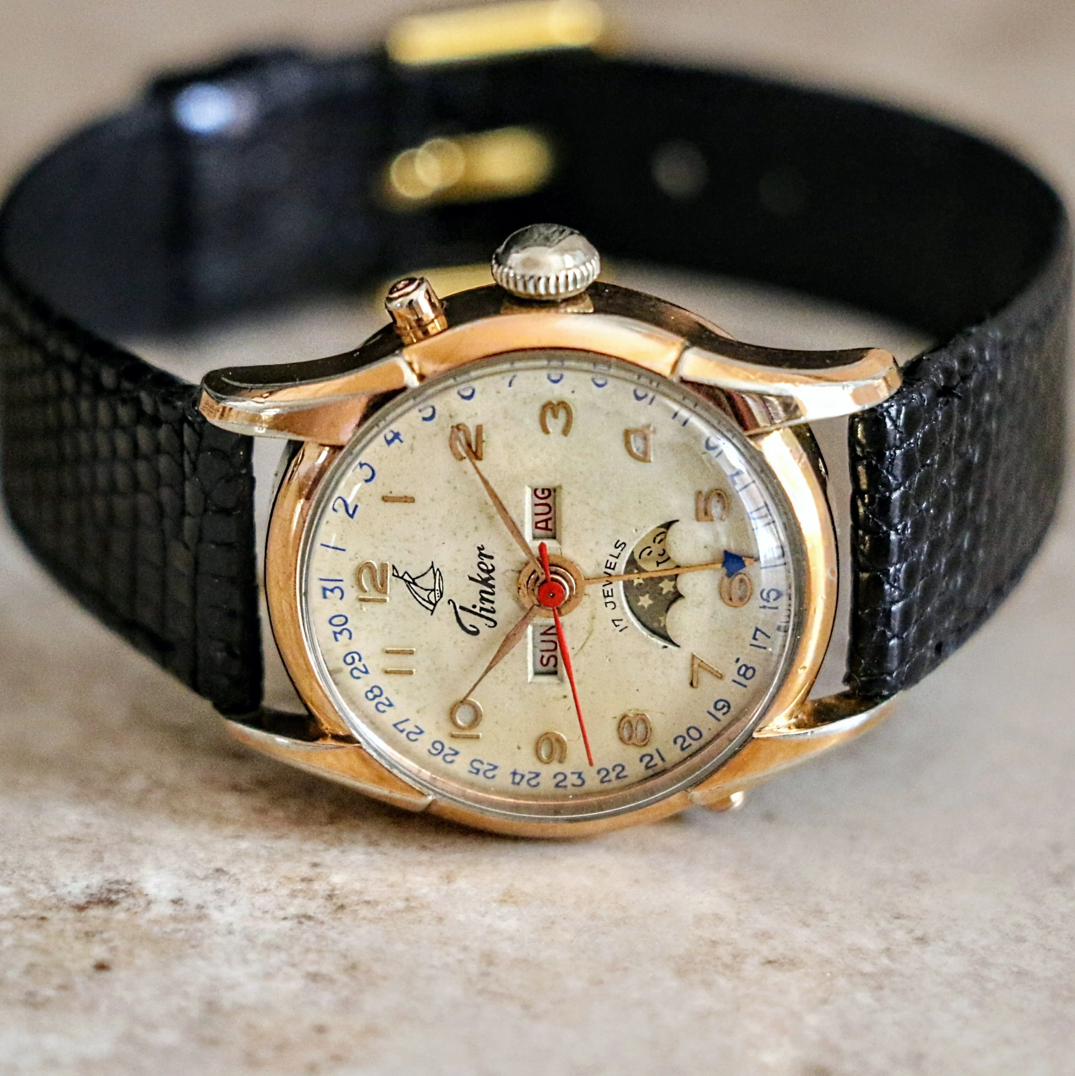 1940s TINKER Triple Calendar Moon Phase Wristwatch Cal. VALJOUX 89 Watch