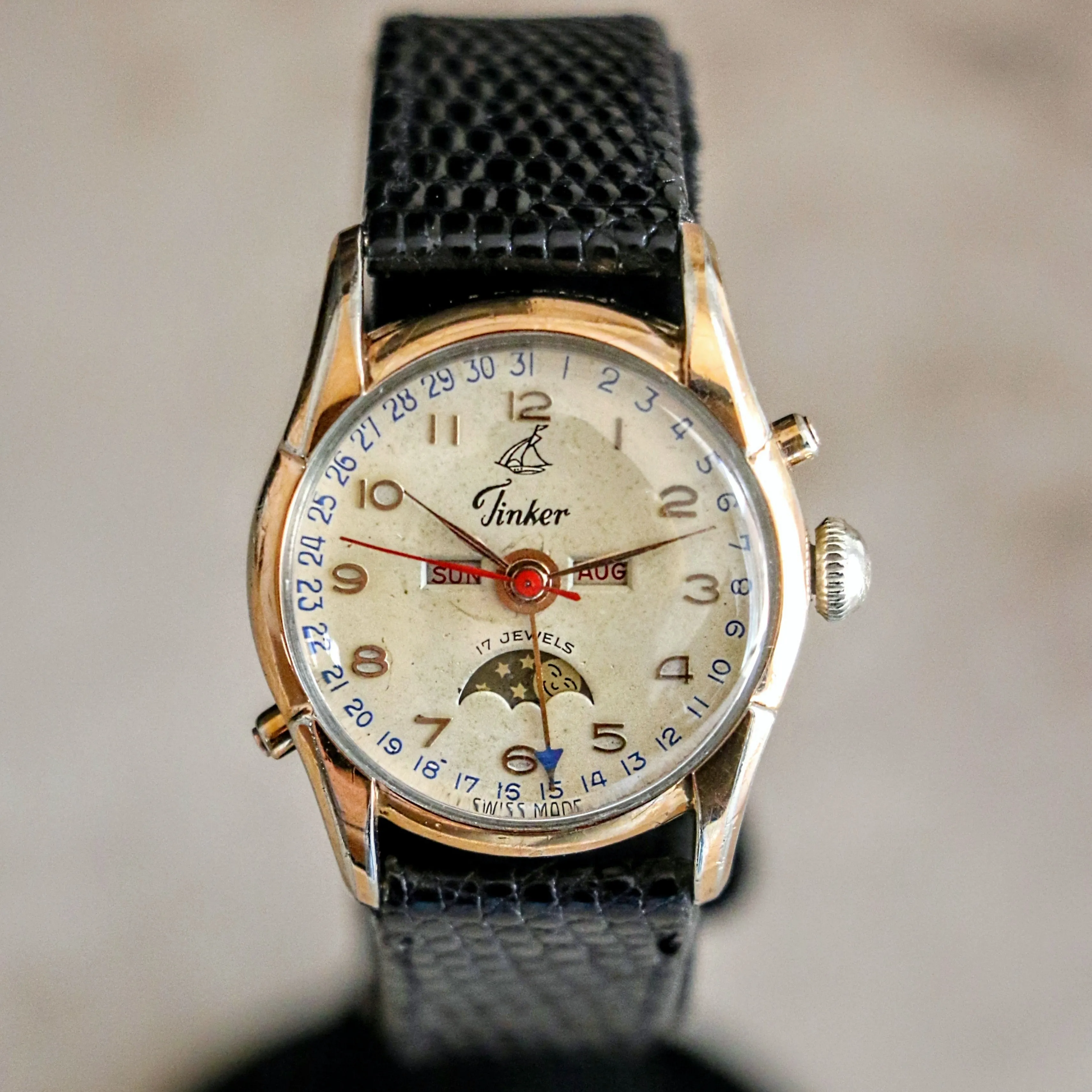 1940s TINKER Triple Calendar Moon Phase Wristwatch Cal. VALJOUX 89 Watch