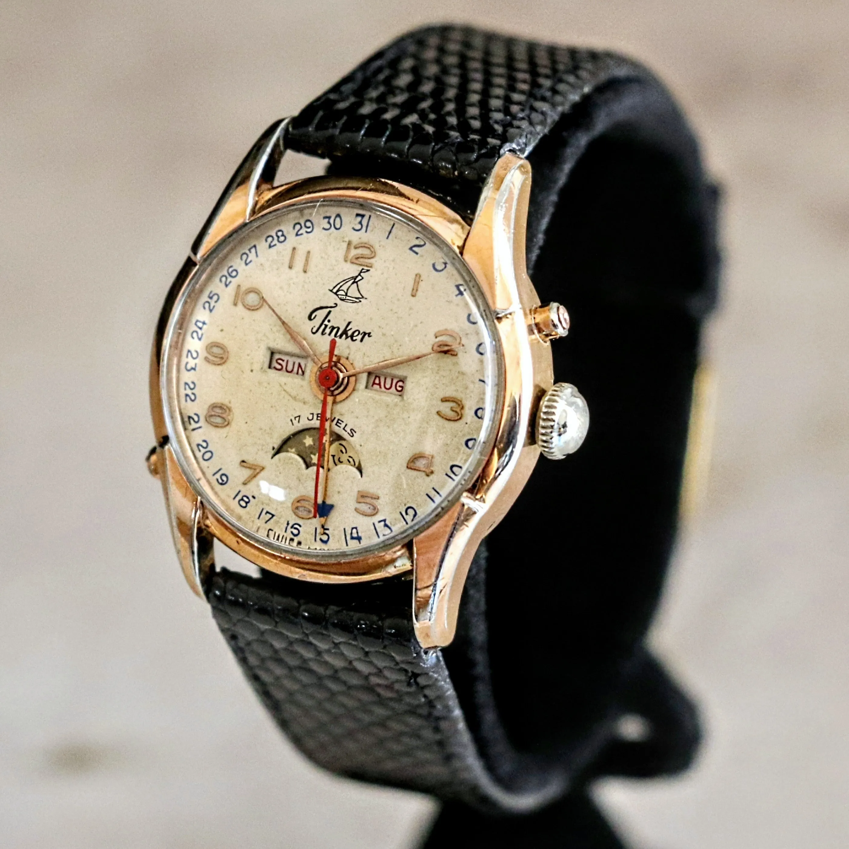 1940s TINKER Triple Calendar Moon Phase Wristwatch Cal. VALJOUX 89 Watch