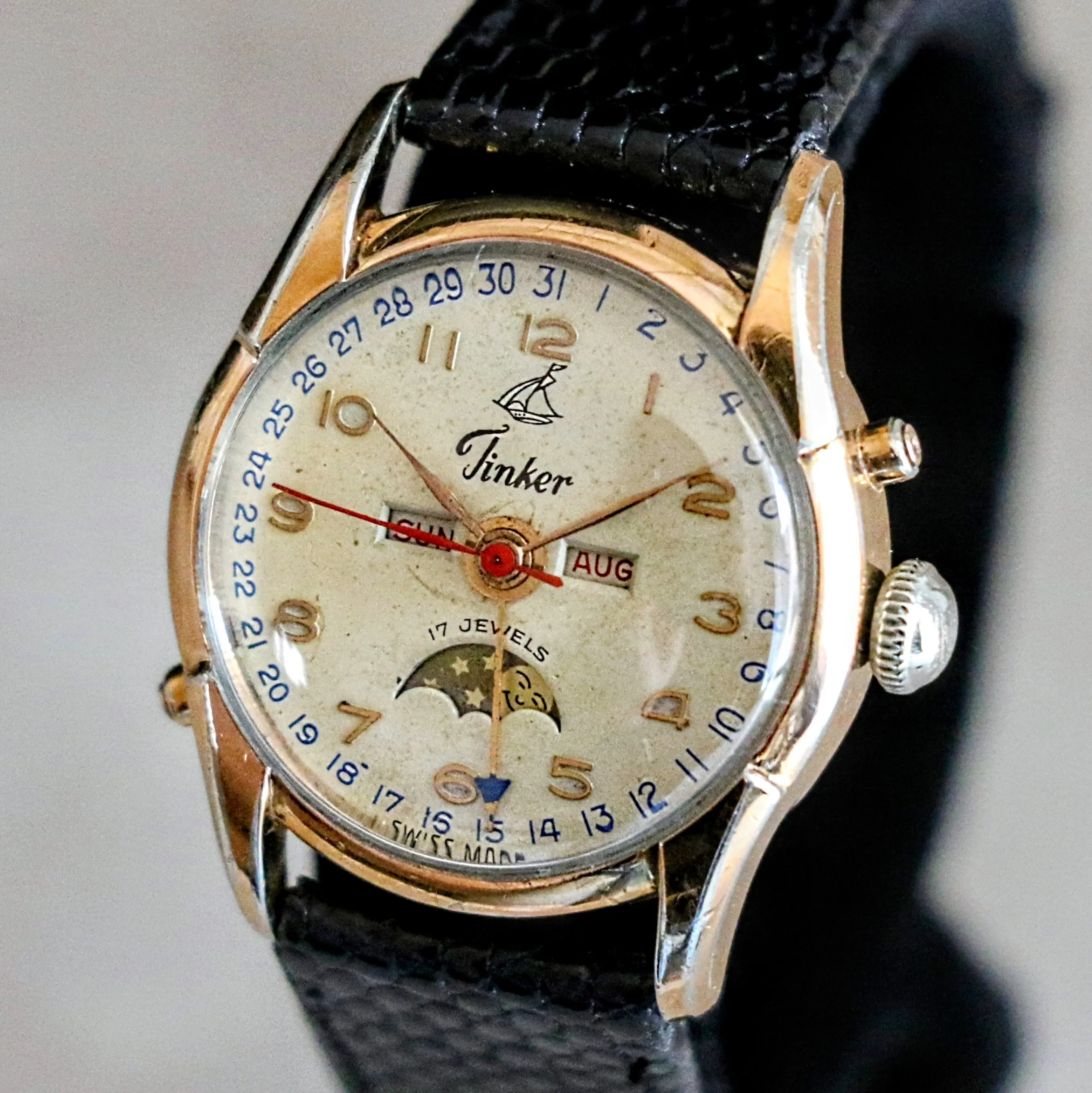 1940s TINKER Triple Calendar Moon Phase Wristwatch Cal. VALJOUX 89 Watch