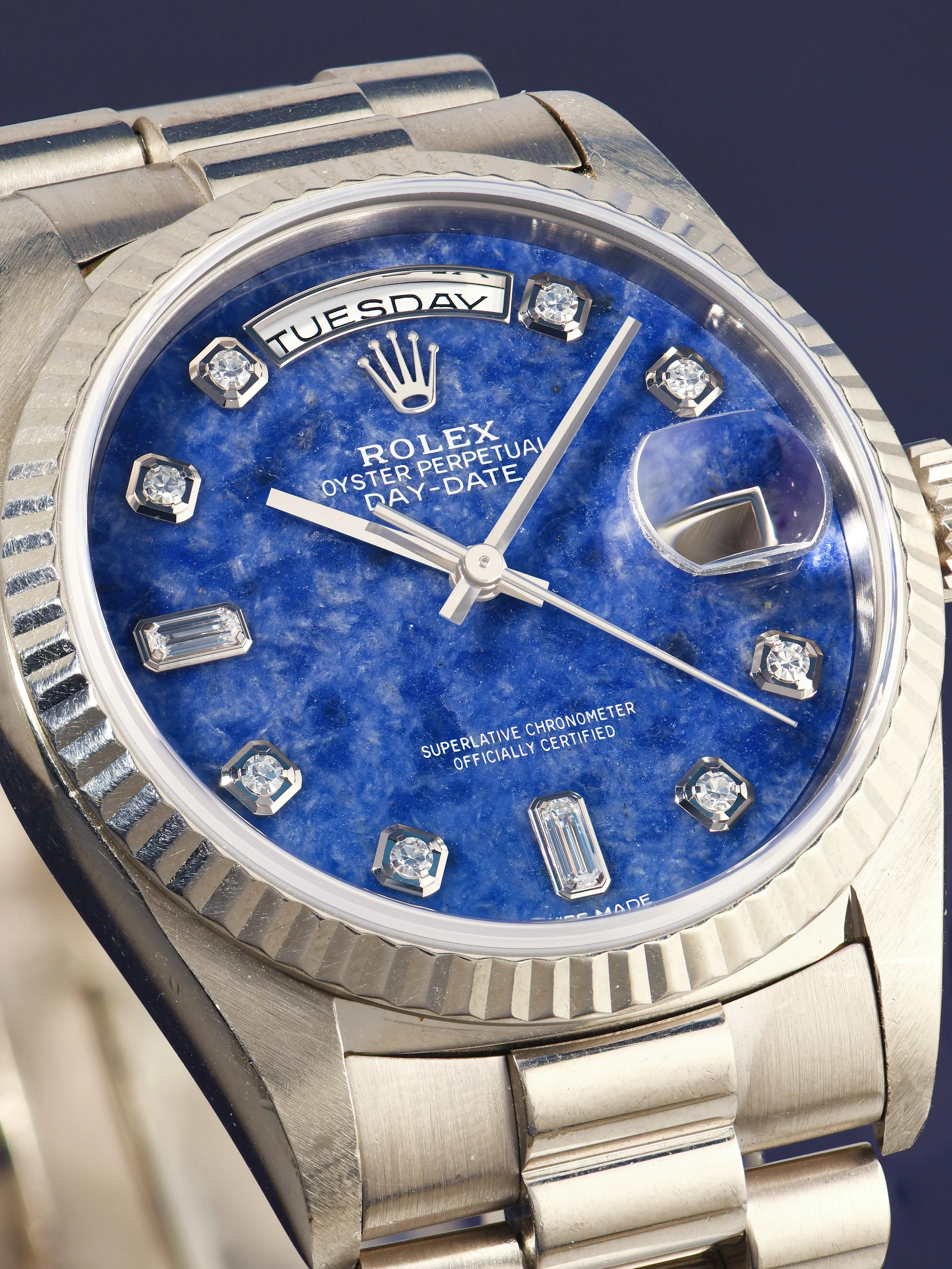 1999 Rolex Day-Date 18k WG (Ref. 18239) Sodalite Stone Diamond Dial W/ Papers