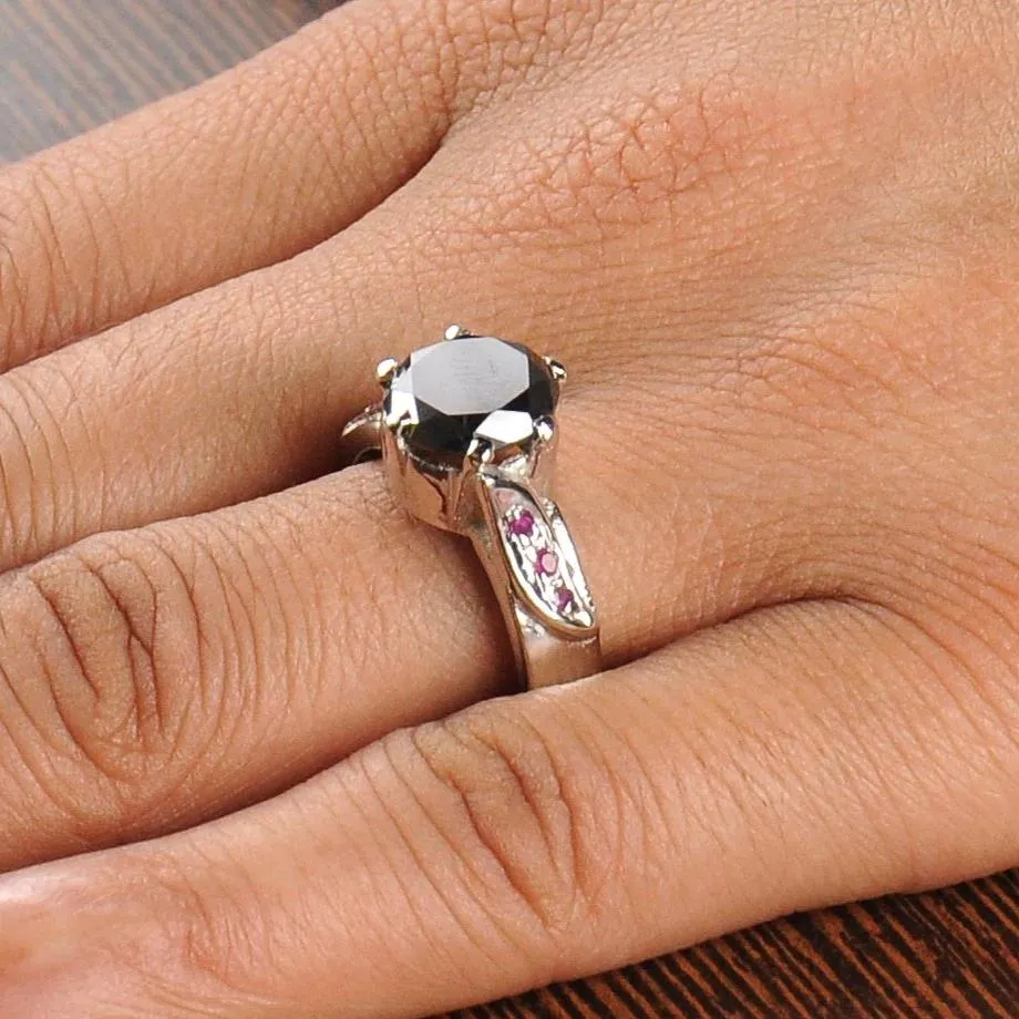 2 Ct Designer Black Diamond with Ruby Accents, Ideal Engagement Ring, Great Brilliance & Luster