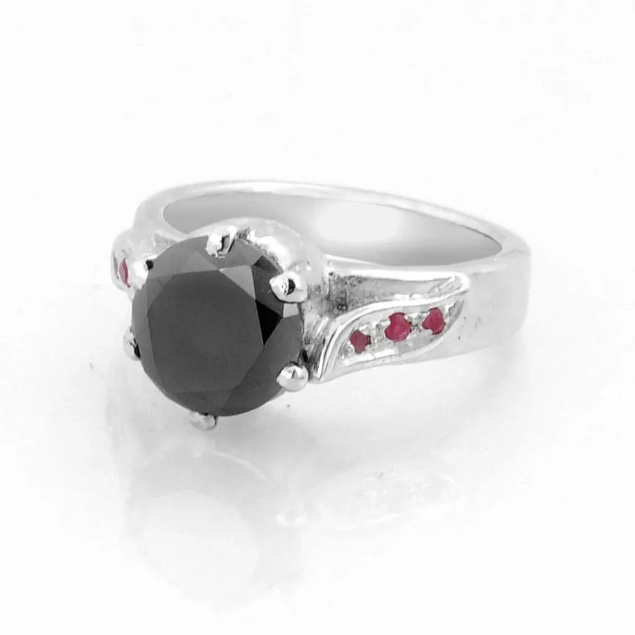 2 Ct Designer Black Diamond with Ruby Accents, Ideal Engagement Ring, Great Brilliance & Luster