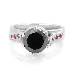 2 Ct Designer Black Diamond with Ruby Accents, Ideal Engagement Ring, Great Brilliance & Luster