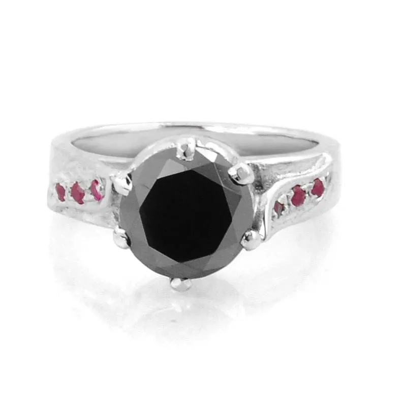 2 Ct Designer Black Diamond with Ruby Accents, Ideal Engagement Ring, Great Brilliance & Luster