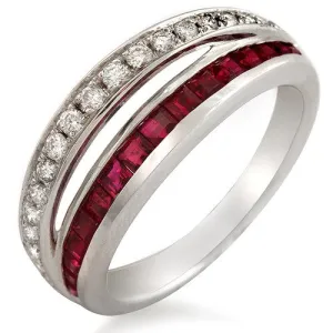 2-Row Ruby & Diamond Ring, 18k White Gold