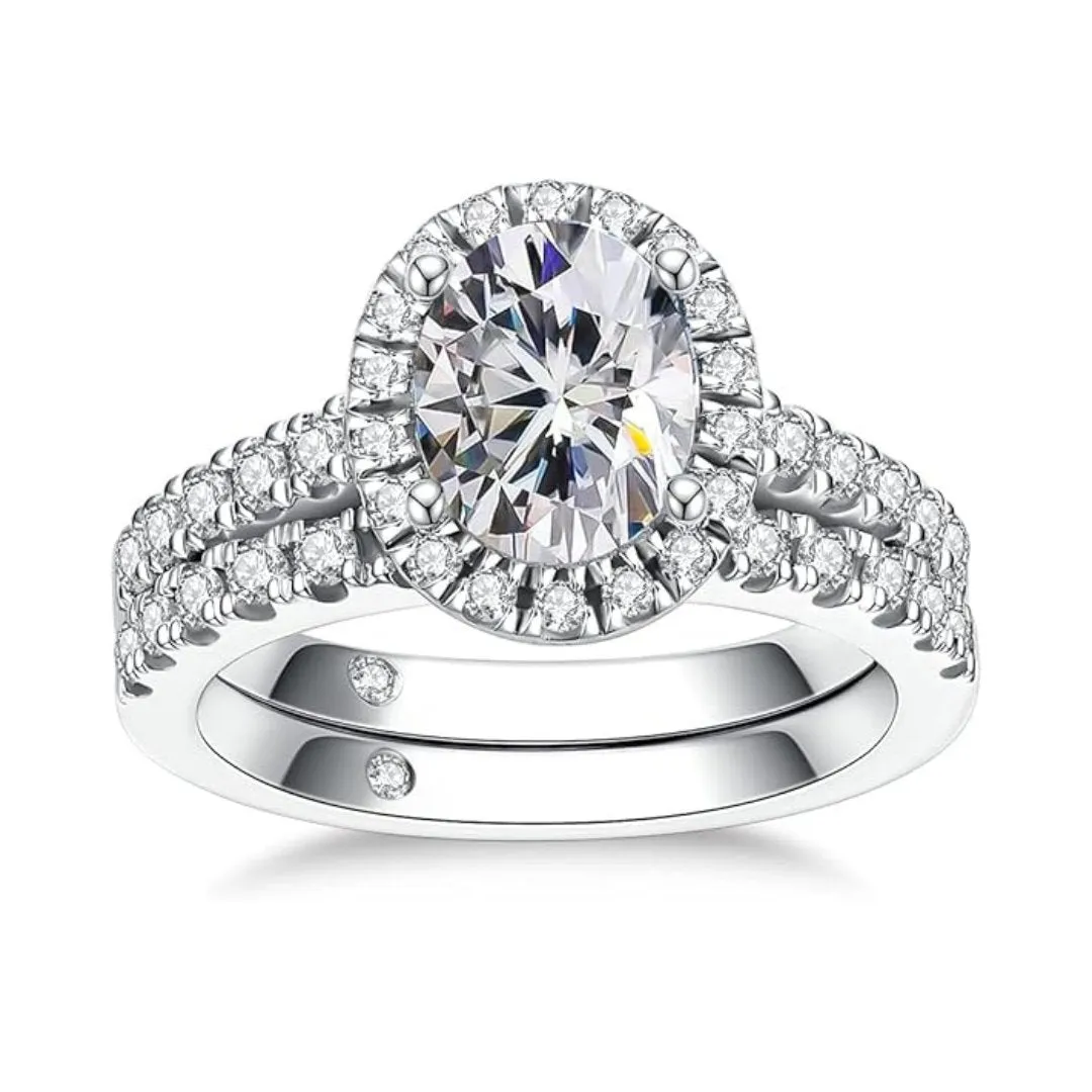 2.0 Ct Oval Cut Diamond Halo Engagement Ring Set