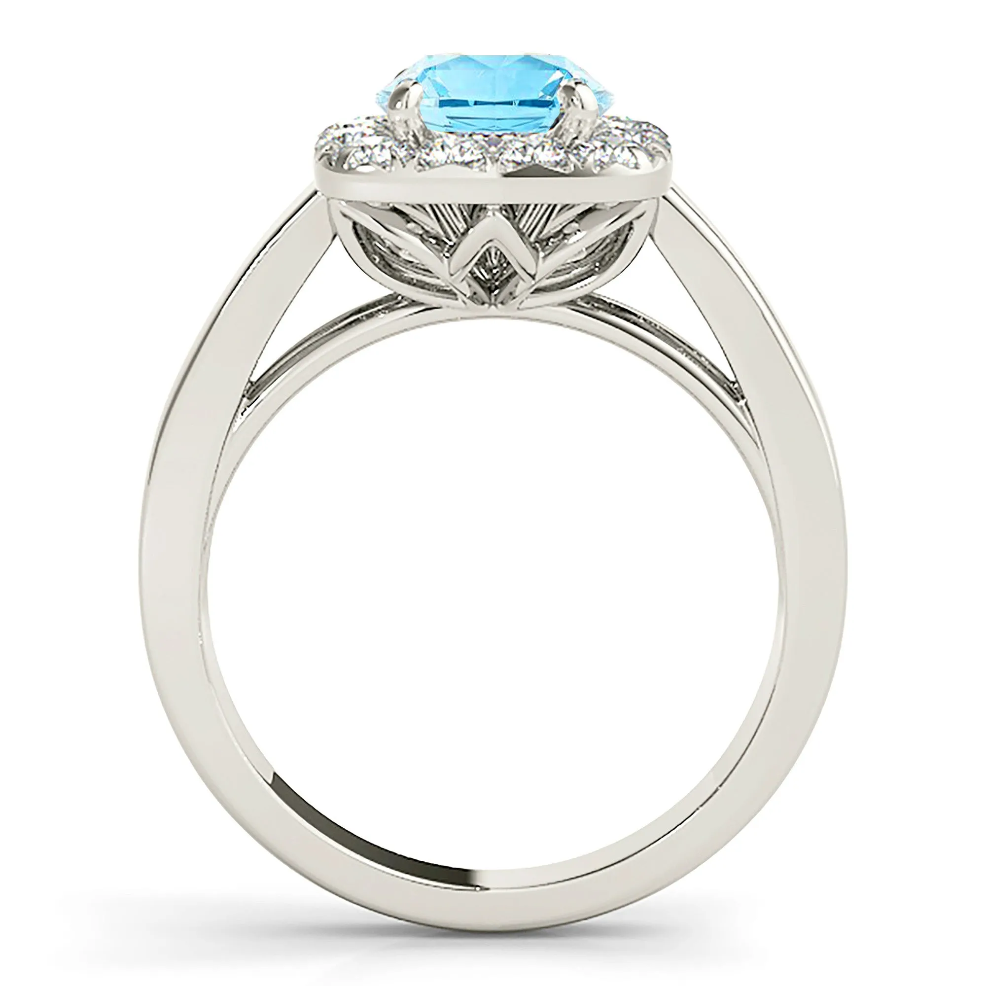2.00 ct. Genuine Aquamarine Ring With Cushion Halo And Solid Gold Wide Band