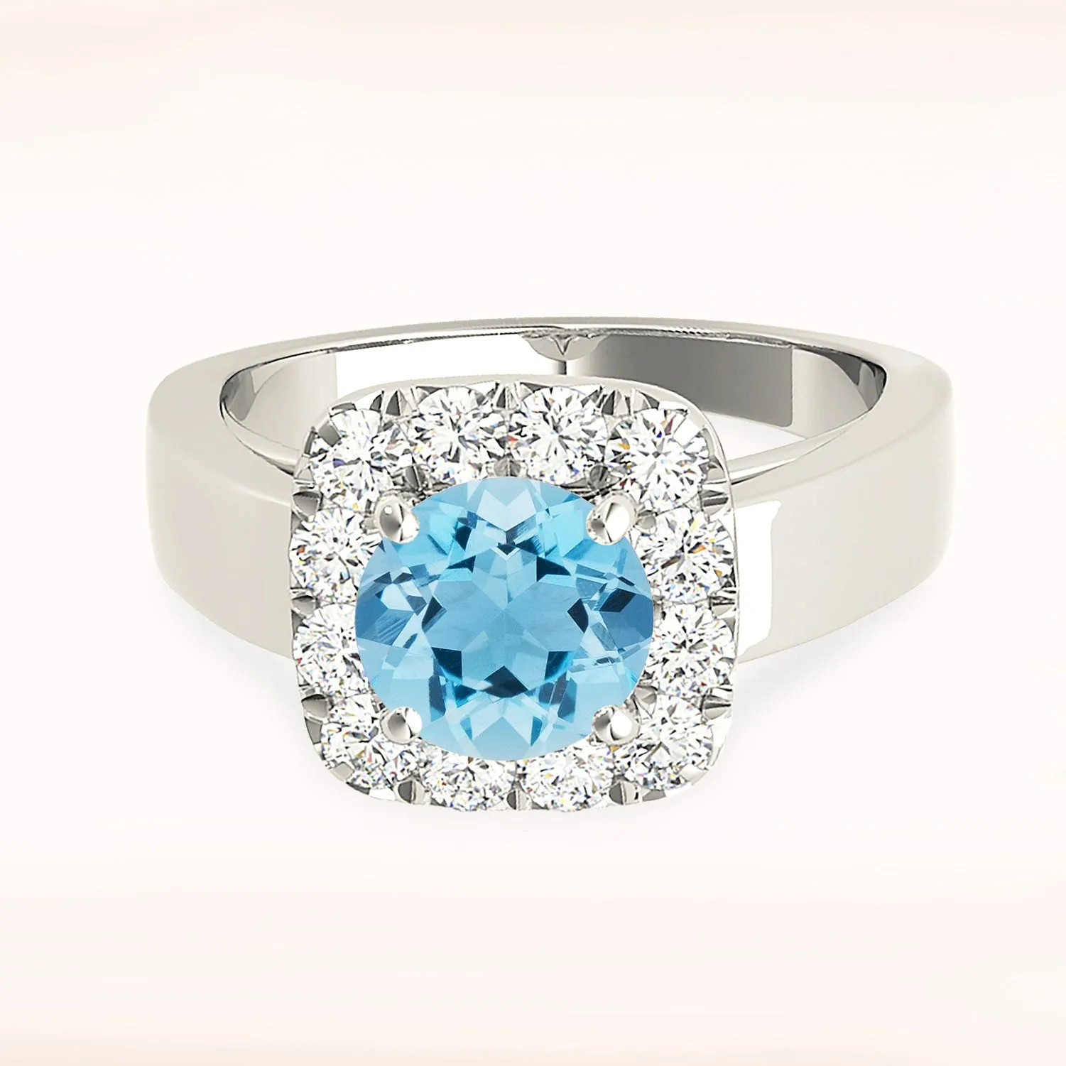2.00 ct. Genuine Aquamarine Ring With Cushion Halo And Solid Gold Wide Band
