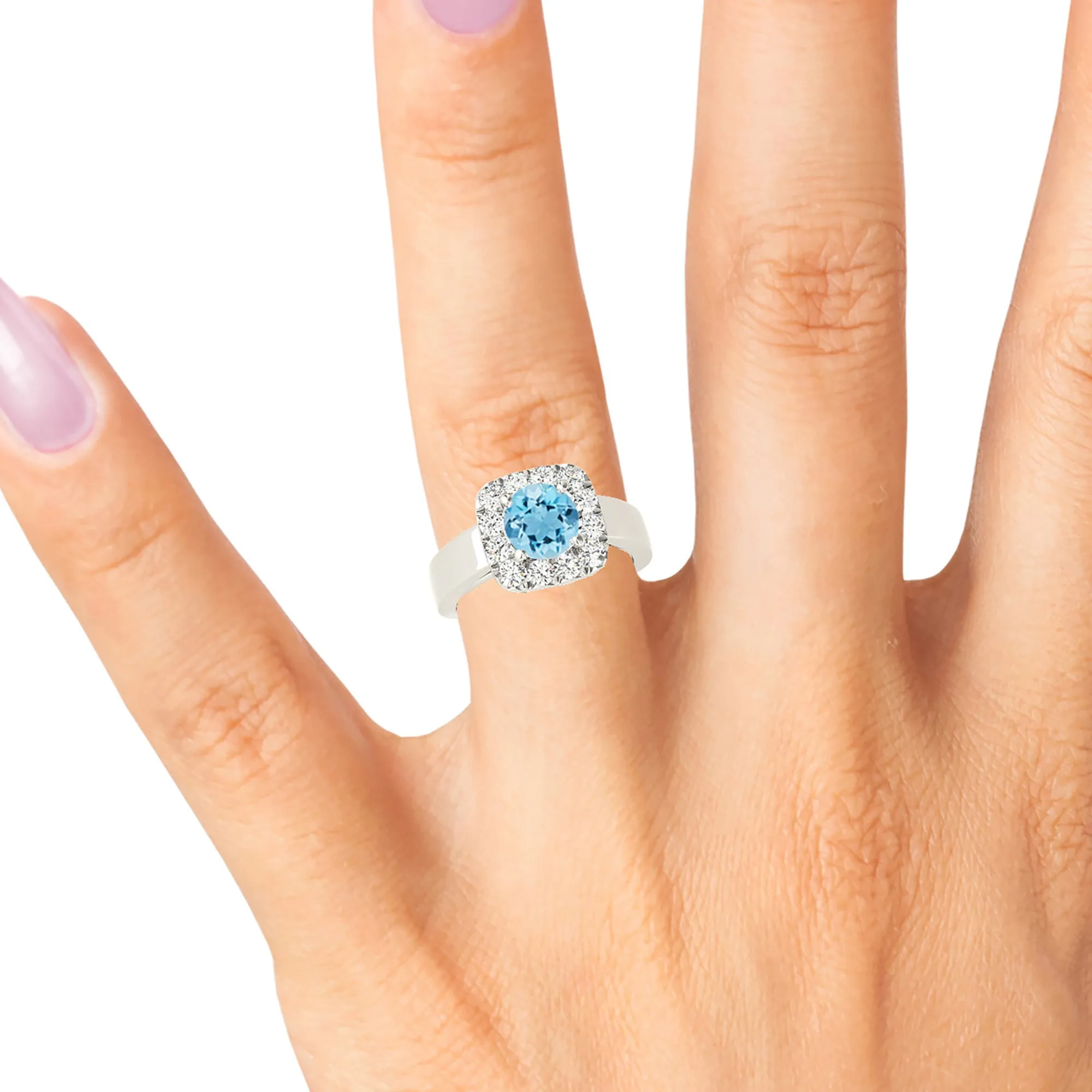 2.00 ct. Genuine Aquamarine Ring With Cushion Halo And Solid Gold Wide Band