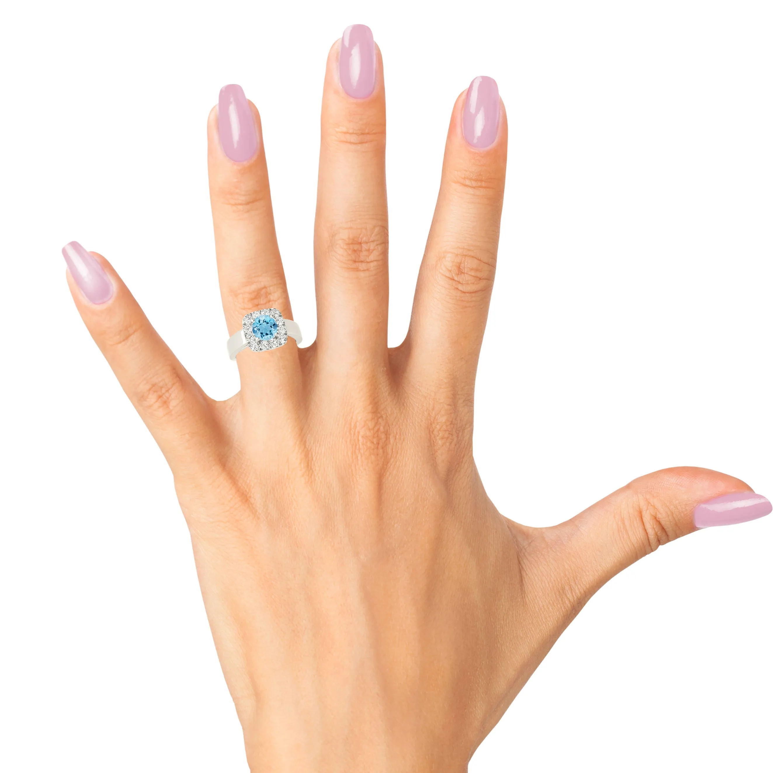 2.00 ct. Genuine Aquamarine Ring With Cushion Halo And Solid Gold Wide Band