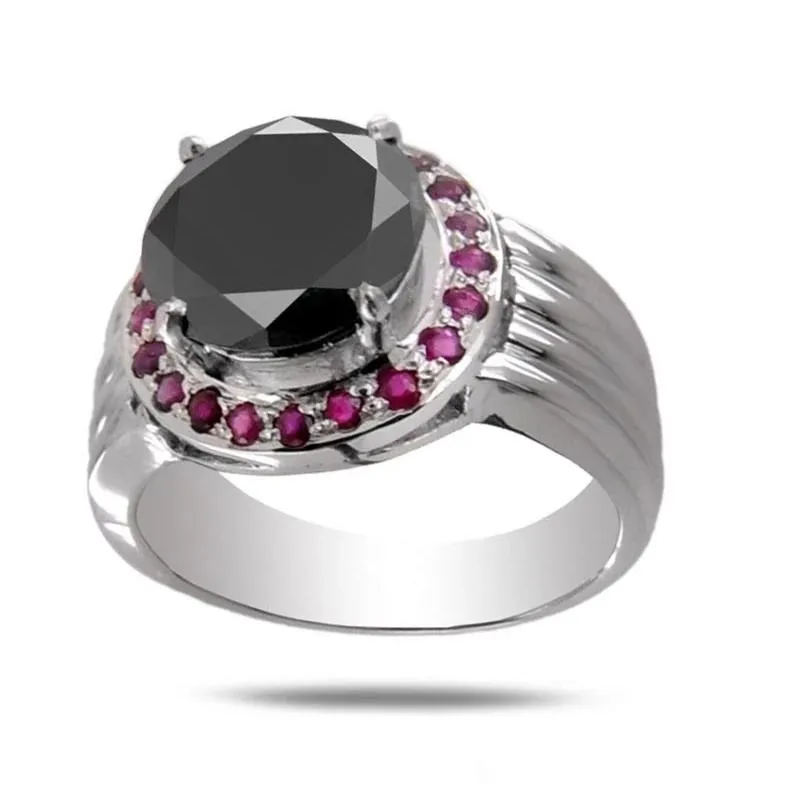 3 Ct AAA Quality Amazing Black Diamond Designer Ruby Accents Ring in 925 Silver! Great Brilliance & Luster