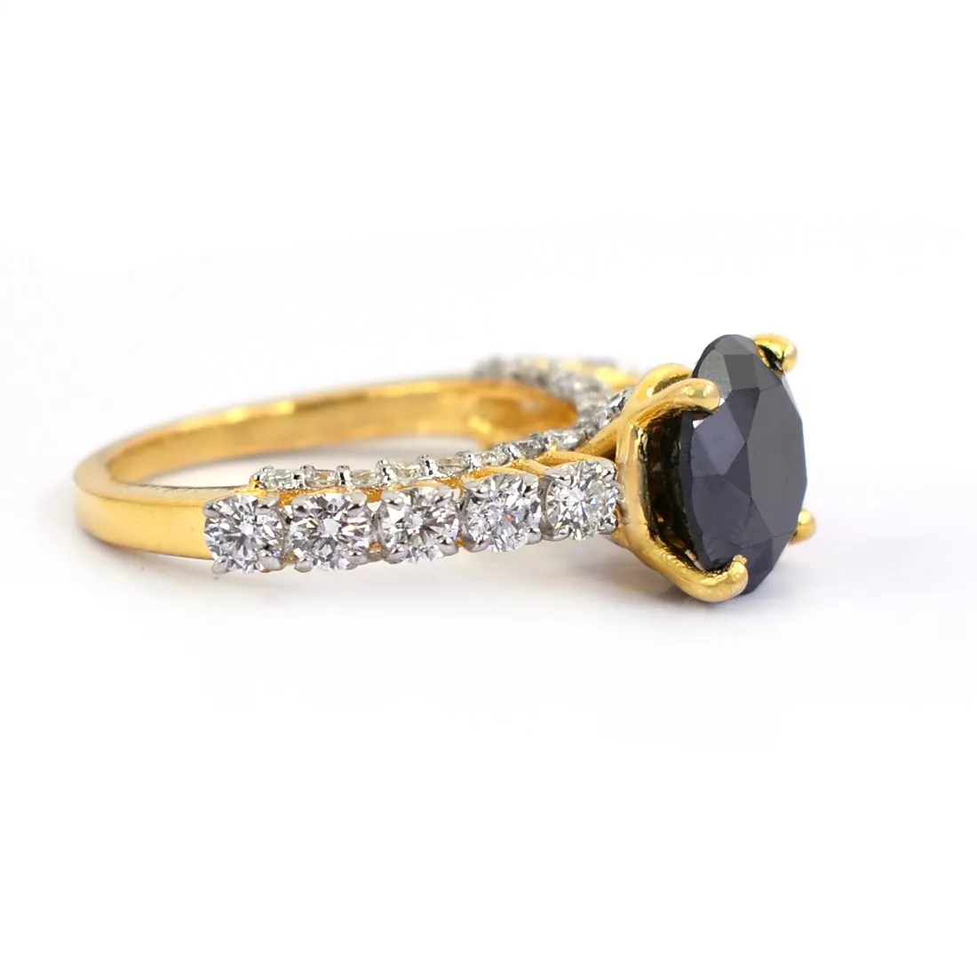3 Ct Designer Black Diamond Wedding Ring with White Diamond Accents in Yellow Finish! Great Sparkle & Lovely Gift