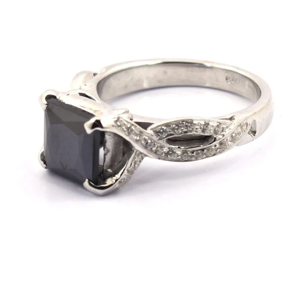 3.50 Ct Amazing Black Diamond Engagement Ring With White Diamond Accents. AAA Certified! Great Shine