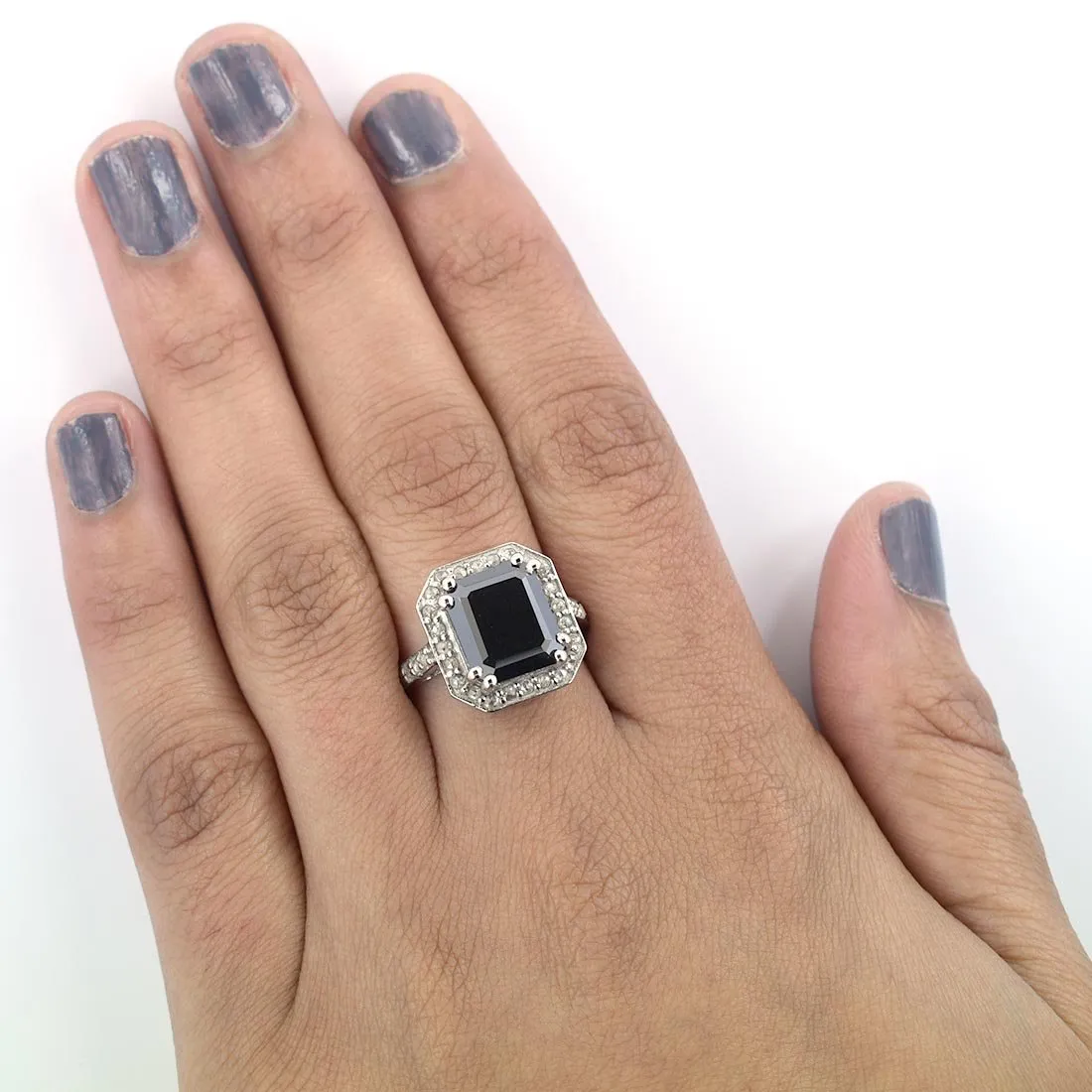 3.50 Ct Lovely Black Diamond Ring With Rose Cut Diamond Accents, Certified Diamond! Full of Fire, Ideal Gift